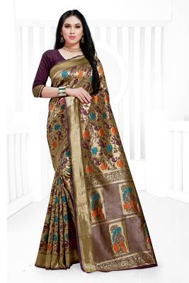 Maroon hand woven banarasi silk saree with blouse 1
