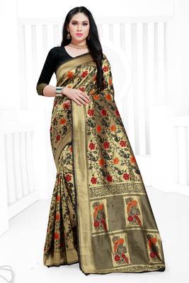 Black hand woven banarasi silk saree with blouse 1