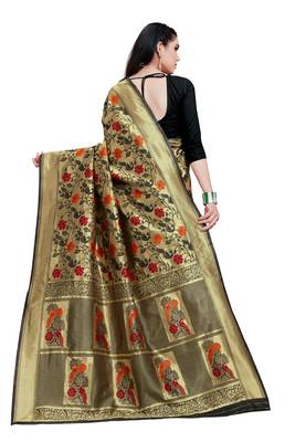 Black hand woven banarasi silk saree with blouse 2