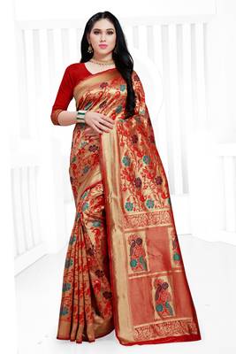Red hand woven banarasi silk saree with blouse 1