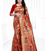 Red hand woven banarasi silk saree with blouse