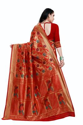 Red hand woven banarasi silk saree with blouse 2