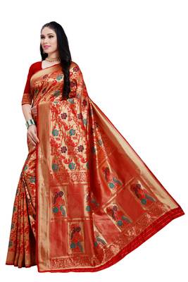 Red hand woven banarasi silk saree with blouse 3