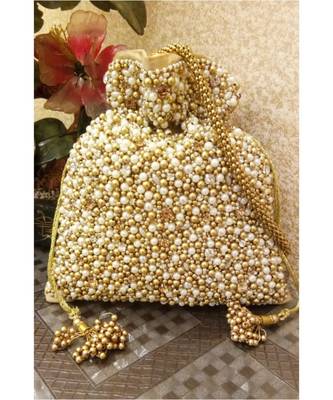 White and gold beads potli bag 1
