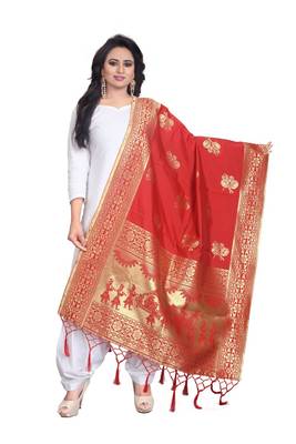Red Women's Banarasi silk Dupatta 1