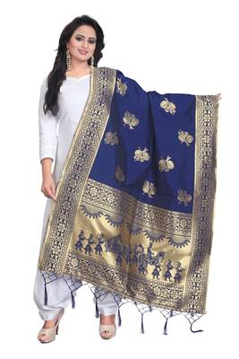 Blue Women's Banarasi silk Dupatta with less 1