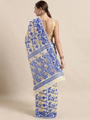 Cream Woven Cotton Poly Saree With Blouse 2