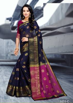 Blue Hand Woven Cotton Poly Saree With Blouse 1