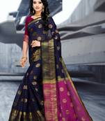 Blue Hand Woven Cotton Poly Saree With Blouse