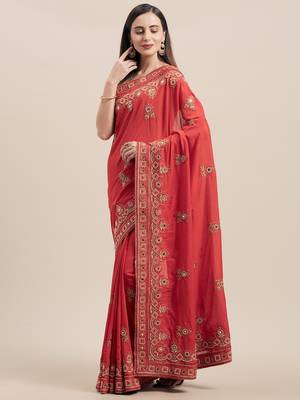 Red Coloured Solid Cotton Blended Saree With Blouse Piece 1