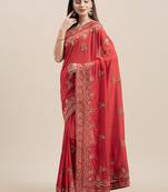 Red Coloured Solid Cotton Blended Saree With Blouse Piece