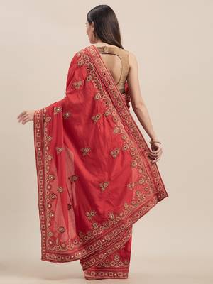 Red Coloured Solid Cotton Blended Saree With Blouse Piece 2