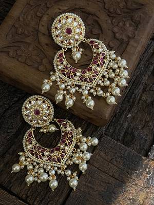 Red Gold Tone Polki Inspired Pearls Chandbaali 2
