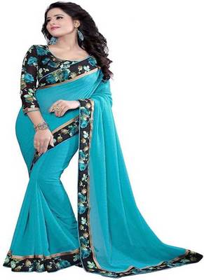 Light Blue Plain Chiffon Saree With Blouse 1