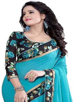 Light Blue Plain Chiffon Saree With Blouse 2