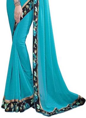 Light Blue Plain Chiffon Saree With Blouse 3
