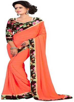 Orange Plain Chiffon Saree With Blouse 1