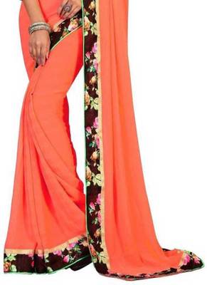 Orange Plain Chiffon Saree With Blouse 2