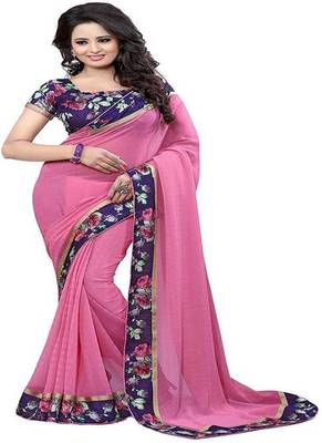 Pink Plain Chiffon Saree With Blouse 1