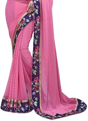 Pink Plain Chiffon Saree With Blouse 3