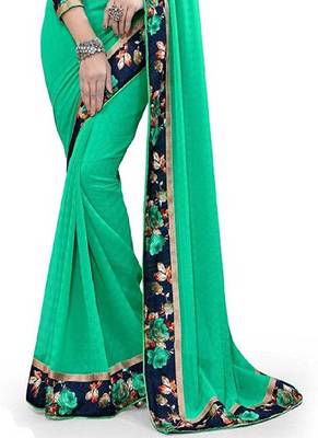 Light Green Plain Chiffon Saree With Blouse 2