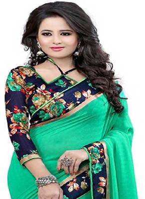 Light Green Plain Chiffon Saree With Blouse 3