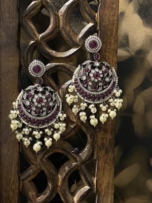 Pink Silver Tone Victorian Chandbaali Earrings 1