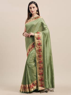Mehendi Digital Printed Colored Sana Silk Saree With Blouse Piece 1