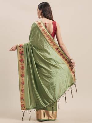 Mehendi Digital Printed Colored Sana Silk Saree With Blouse Piece 2