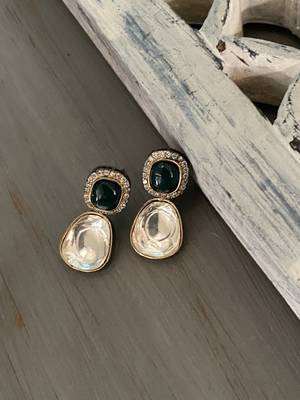 Green Silver Tone Polki Inspired Earrings 2