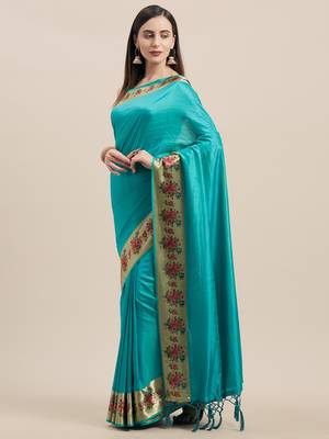 Rama Digital Printed Colored Sana Silk Saree With Blouse Piece 1