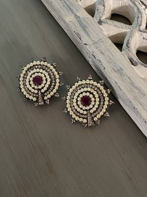 Pink-White Silver Tone Victorian Studs 1