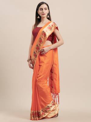 Orange Digital Printed Colored Sana Silk Saree With Blouse Piece 1