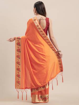Orange Digital Printed Colored Sana Silk Saree With Blouse Piece 2