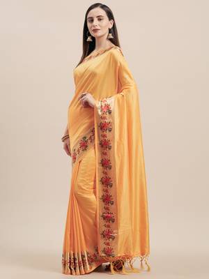 Yellow Digital Printed Colored Sana Silk Saree With Blouse Piece 1