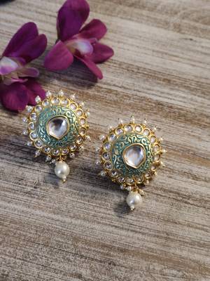 Turquoise Gold Tone Meenakari Studs Earring 2