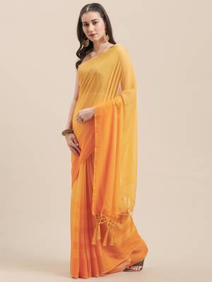 Yellow Coloured Chiffon saree with Blouse Saree. 1
