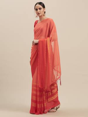 Peach Coloured Chiffon saree with Blouse Saree. 1