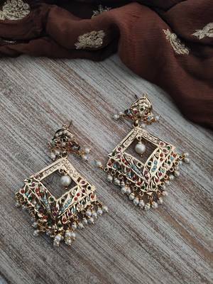 Multicoloured Gold Plated Jadau Earrings 1
