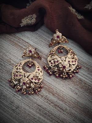 Maroon Gold Plated Jadau Earrings 1