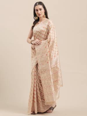 Beige Coloured Solid Cotton Mint Saree With Blouse Piece 1