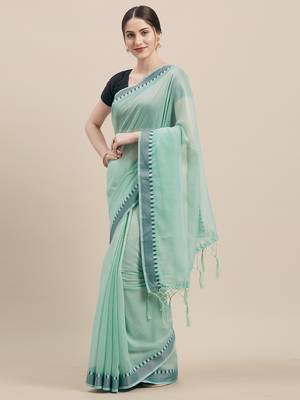 Rama Coloured Solid Cotton Silk Saree With Blouse Piece 1