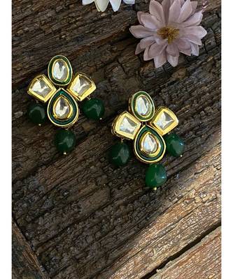 Green Gold Tone Kundan Inspired Earrings 1