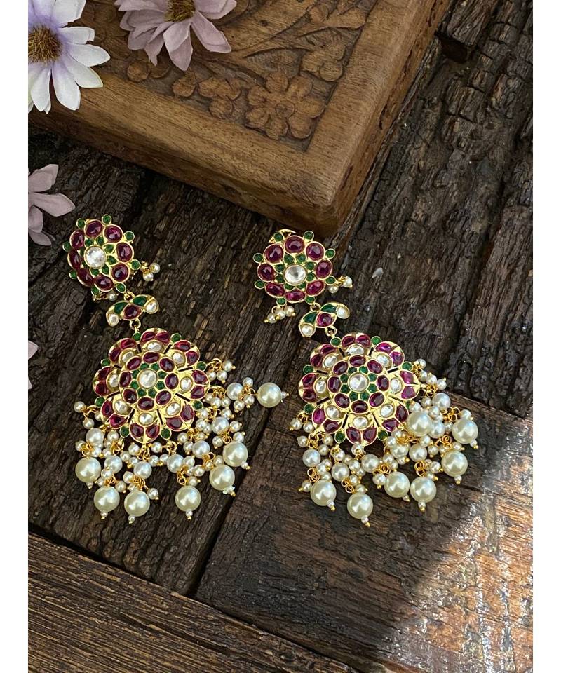 Red-Green Gold Tone Polki Inspired Earrings