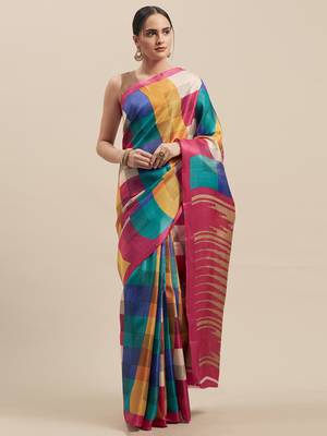 Woman's Multi Colored Cotton Blend Checked Saree 1
