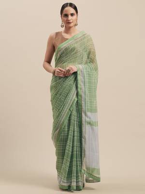 Woman's Green Colored Poly Chiffon Checked Saree 1