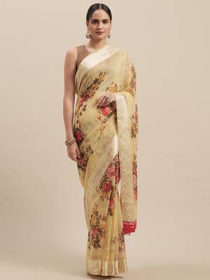 Woman's Yellow Colored Digital Printed Cotton Blend Saree 1