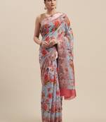 Woman's Light Blue Colored Digital Printed Cotton Blend Saree