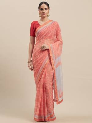 Woman's Peach Colored Poly Chiffon Checked Saree 1