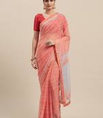 Woman's Peach Colored Poly Chiffon Checked Saree